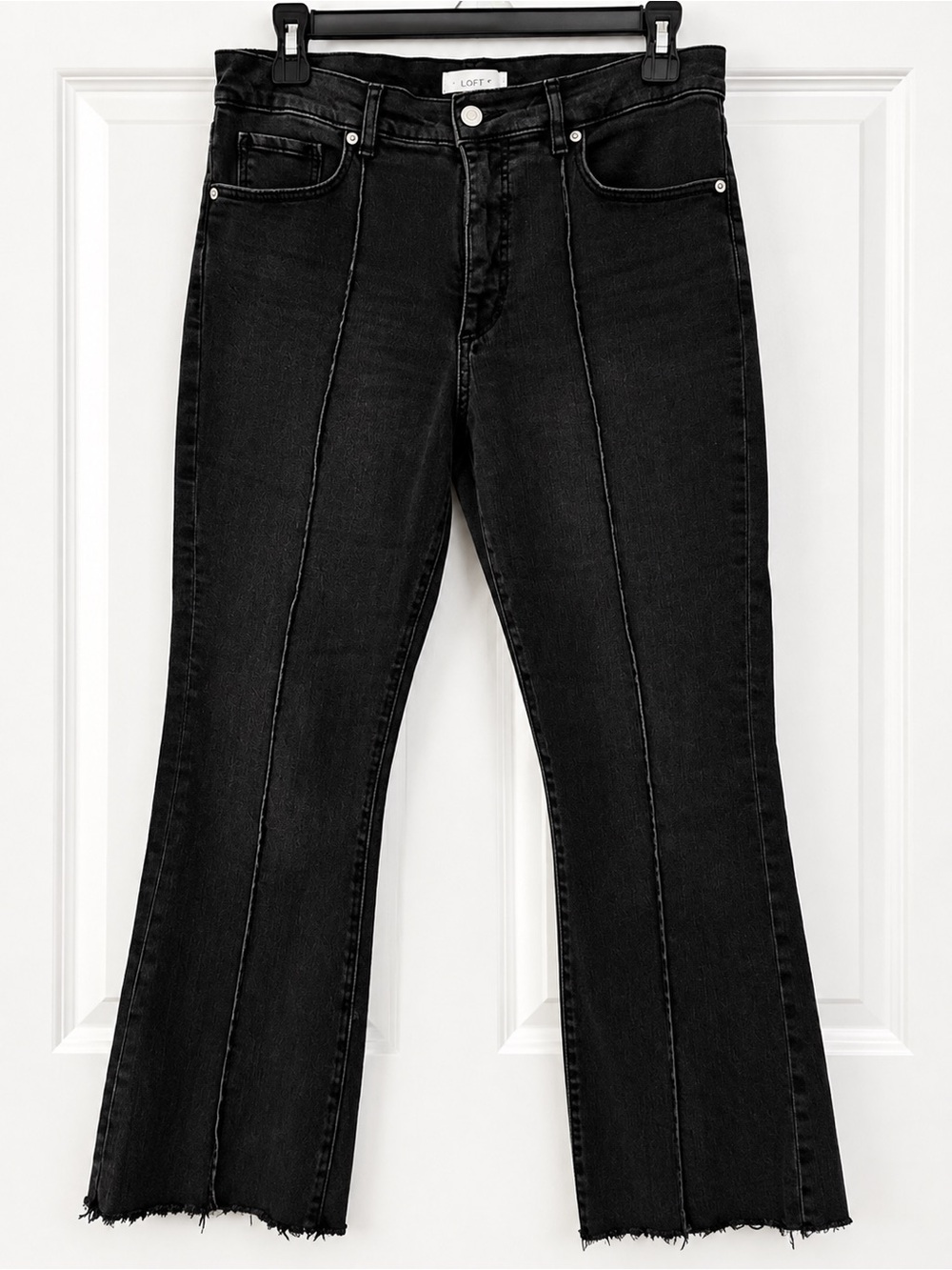 LOFT Black Front Seam Raw Hem Kick Flare Jeans Size 8/29